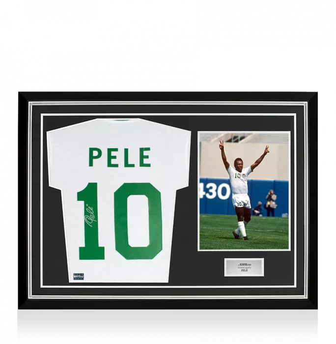 icons Pele Back Signed New York Cosmos Retro Shirt In Hero Frame: Option 1