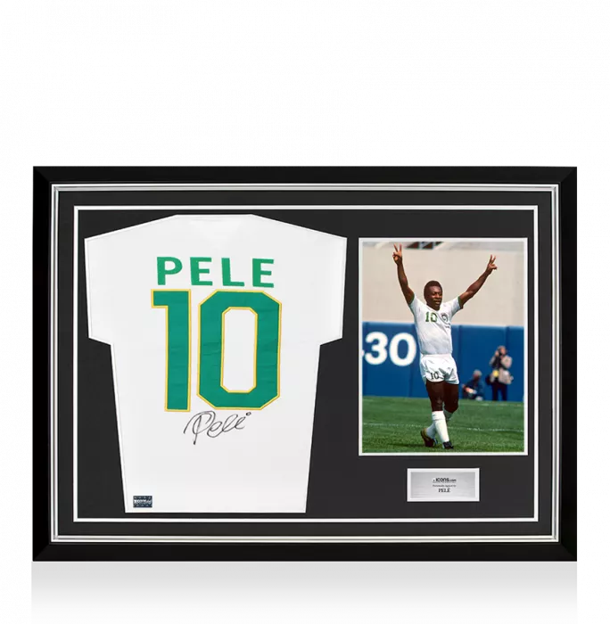 icons Pele Back Signed New York Cosmos Shirt In Hero Frame: Option 1