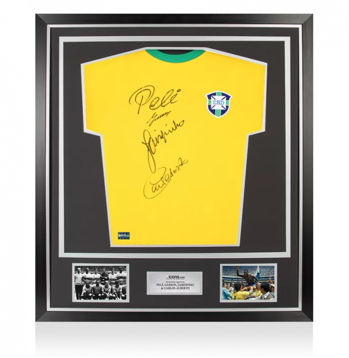 icons Pele Gerson Jairzinho and Carlos Alberto Front Signed Brazil 1970 Retro Shirt In Classic Frame