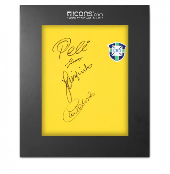 icons Pele Gerson Jairzinho and Carlos Alberto Front Signed Brazil 1970 Retro Shirt In Deluxe Packaging