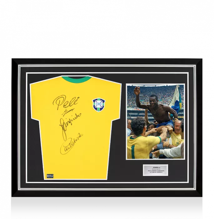 icons Pele Gerson Jairzinho and Carlos Alberto Front Signed Brazil 1970 Retro Shirt In Hero Frame: Option 1