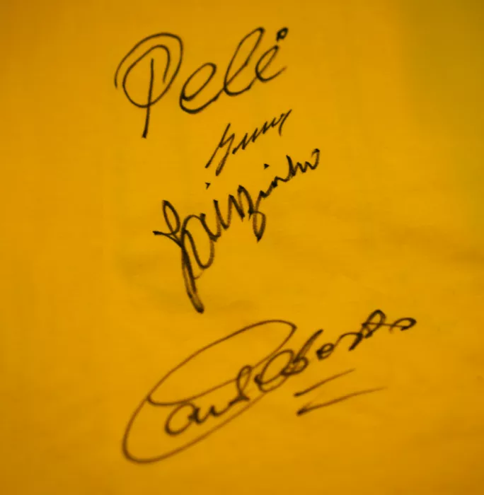 Icons Pele Gerson Jairzinho And Carlos Alberto Official 1970 FIFA World Cup™ Signed And Hero Framed Brazil 1970 Retro Shirt