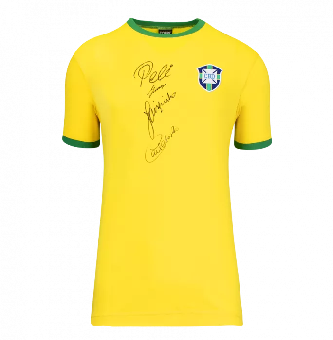 Icons Pele Gerson Jairzinho And Carlos Alberto Official 1970 FIFA World Cup™ Signed And Framed Brazil 1970 Retro Shirt