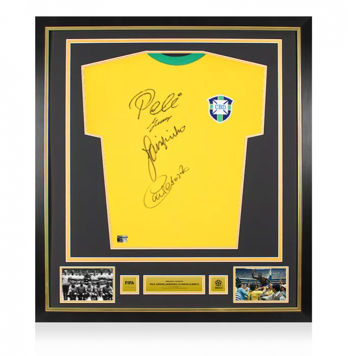 icons Pele Gerson Jairzinho and Carlos Alberto Official 1970 FIFA World Cup™ Signed and Framed Brazil 1970 Retro Shirt