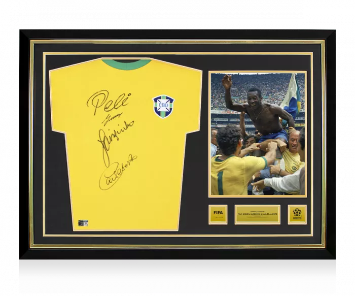 icons Pele Gerson Jairzinho and Carlos Alberto Official 1970 FIFA World Cup™ Signed and Hero Framed Brazil 1970 Retro Shirt