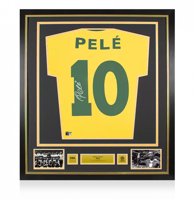 icons Pele Official 1970 FIFA World Cup™ Back Signed and Framed Retro Brazil Home Shirt