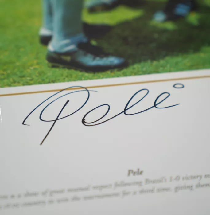 Icons Pele Signed Brazil Photo: Swapping Shirts With Bobby Moore