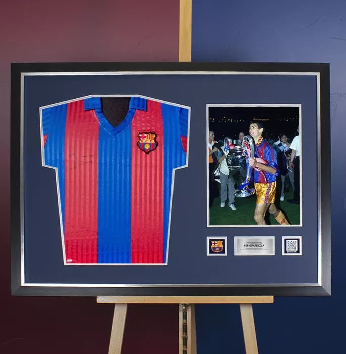 Icons Pep Guardiola Official FC Barcelona Front Signed And Framed 1992 Home Shirt