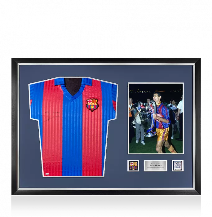icons Pep Guardiola Official FC Barcelona Front Signed and Framed 1992 Home Shirt