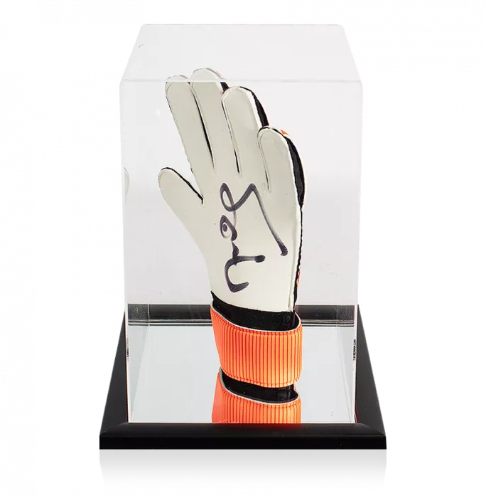 icons Peter Schmeichel Signed Orange Adidas Goalkeeper Glove In Acrylic Case