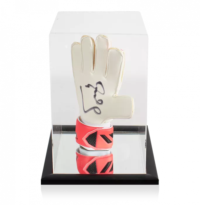 icons Peter Schmeichel Signed Pink Adidas Goalkeeper Glove In Acrylic Case