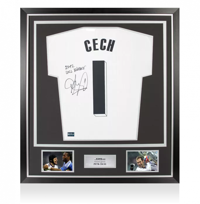 icons Petr Cech Back Signed Adidas TIRO Goalkeeper Shirt: UEFA Champions League 2012 Winner Inscription In Classic Frame