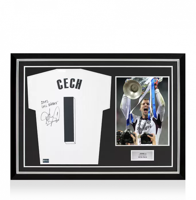 icons Petr Cech Back Signed Adidas TIRO Goalkeeper Shirt: UEFA Champions League 2012 Winner Inscription In Hero Frame: Option 1