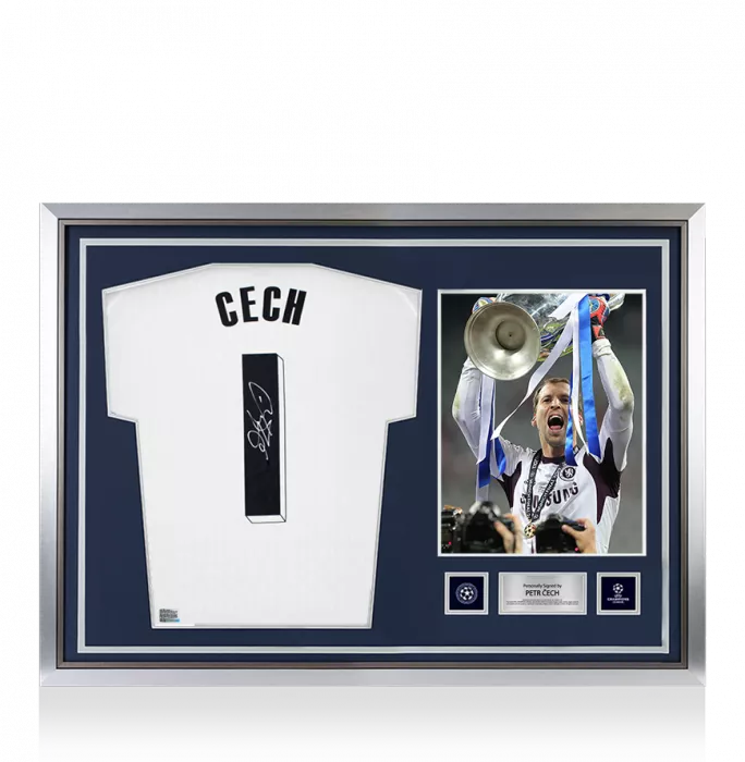 icons Petr Cech Official UEFA Champions League Back Signed and Hero Framed Adidas TIRO Goalkeeper Shirt with Fan Style Number