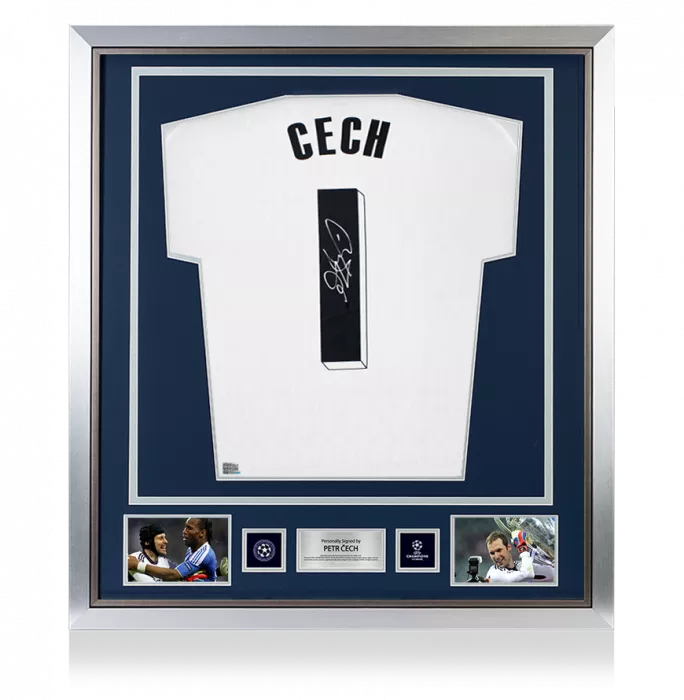 icons Petr Cech Official UEFA Champions League Back Signed and Framed Adidas TIRO Goalkeeper Shirt with Fan Style Number