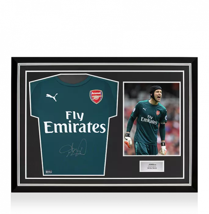 icons Petr Cech Signed Arsenal 2017-18 Goalkeeper Shirt In Hero Frame: Option 1