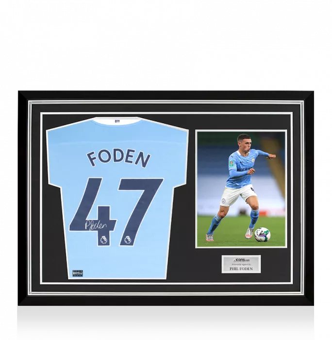 icons Phil Foden Back Signed Manchester City 2020-21 Home Shirt Home Shirt In Hero Frame: Option 1