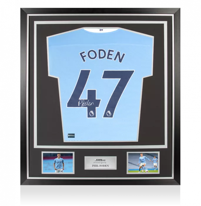 icons Phil Foden Back Signed Manchester City 2020-21 Home Shirt In Classic Frame
