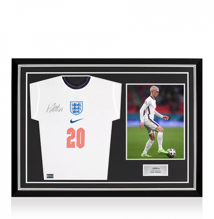 icons Phil Foden Front Signed England 2020 Home Shirt In Hero Frame: Option 1