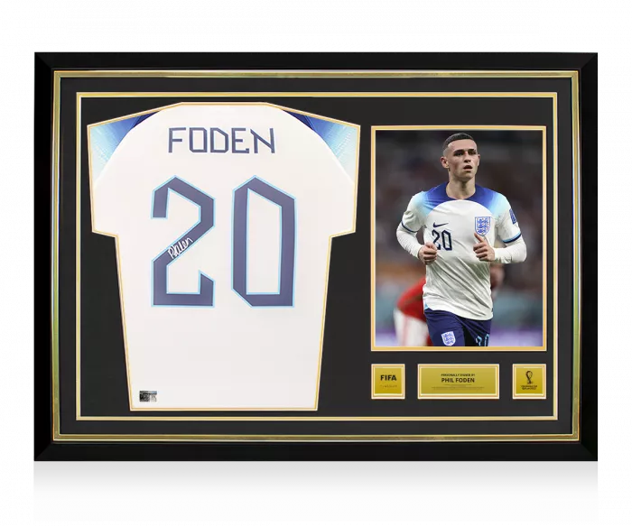 icons Phil Foden Official 2022 FIFA World Cup™ Back Signed and Hero Framed England 2022-23 Home Shirt