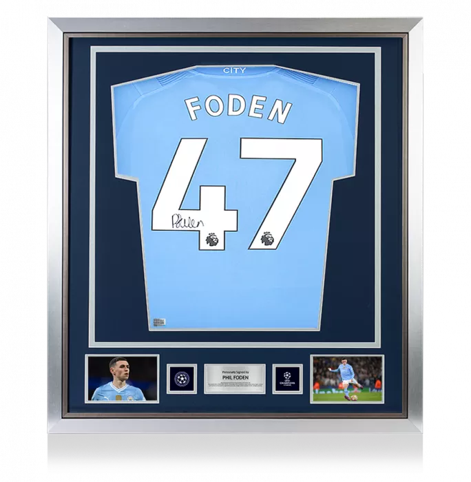 icons Phil Foden Official UEFA Champions League Back Signed and Framed Manchester City 2023-24 Home Shirt
