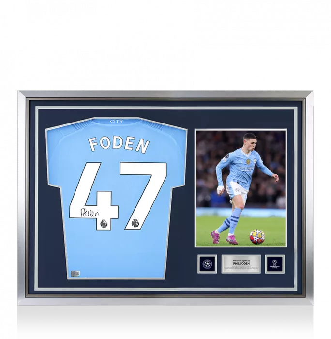 icons Phil Foden Official UEFA Champions League Back Signed and Hero Framed Manchester City 2023-24 Home Shirt