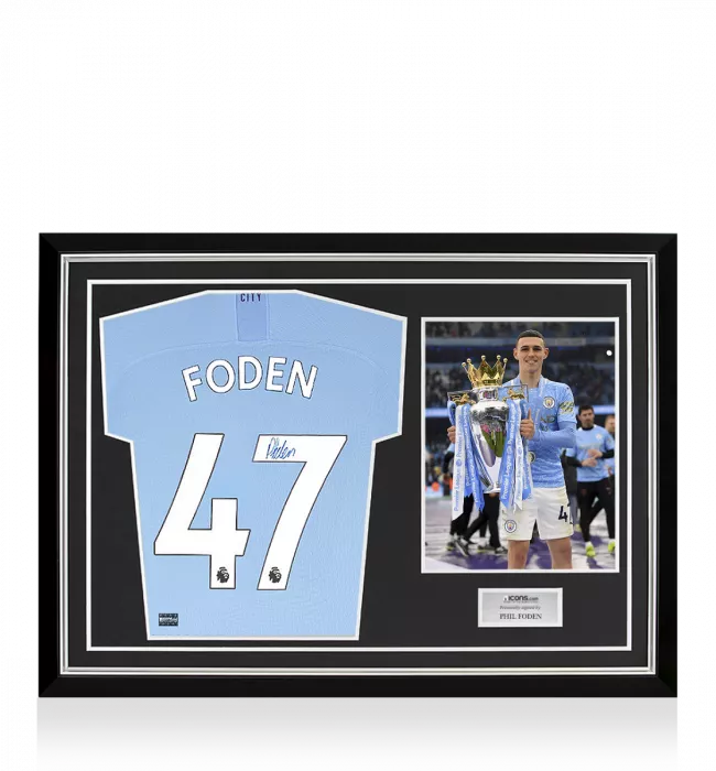 icons Phil Foden Signed Manchester City 2019-20 Home Shirt In Hero Frame: Option 1