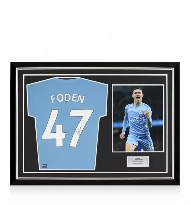 icons Phil Foden Signed Manchester City 2021-22 Home Shirt In Hero Frame: Option 1