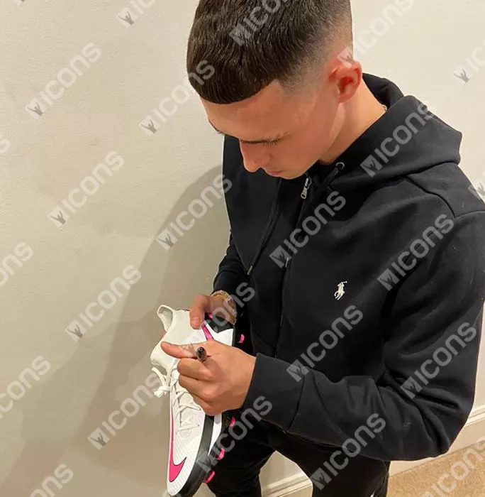 Icons Phil Foden Signed White Nike Phantom Boot In Acrylic Case