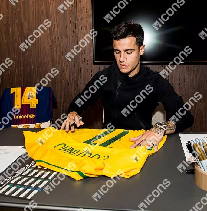 Icons Philippe Coutinho Back Signed Brazil 2017-18 Home Shirt In Classic Frame