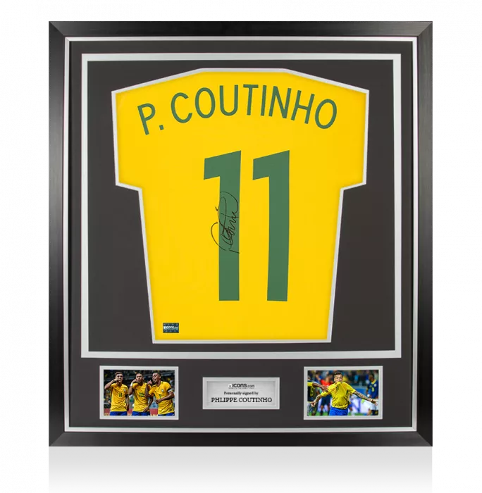 icons Philippe Coutinho Back Signed Brazil 2017-18 Home Shirt In Classic Frame