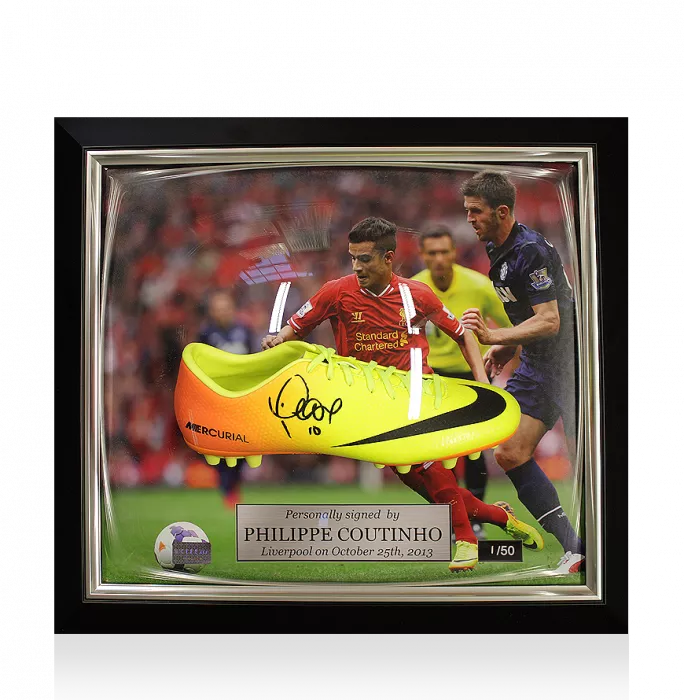 icons Philippe Coutinho Signed and Liverpool Framed Yellow and Orange Nike Mercurial Vapor IX Boot