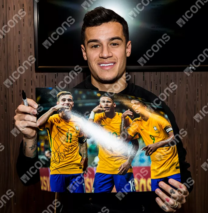 Icons Philippe Coutinho Signed Brazil Photo In Black Wooden Frame