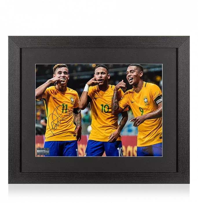 icons Philippe Coutinho Signed Brazil Photo In Black Wooden Frame