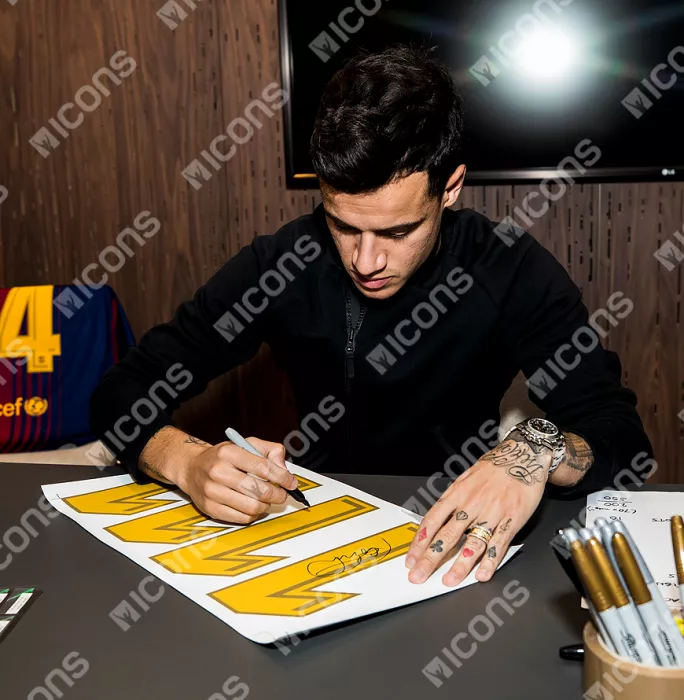 Icons Philippe Coutinho Signed FC Barcelona 2017-18 Home Shirt With Fan Style Numbers In Hero Frame: Option 1