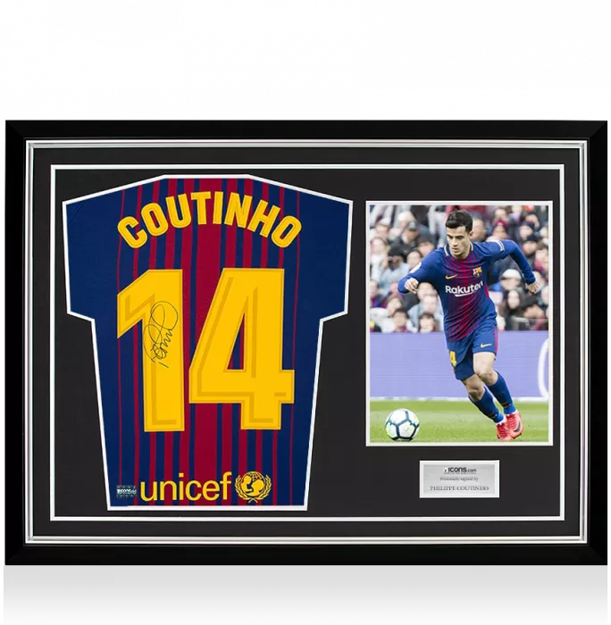 icons Philippe Coutinho Signed FC Barcelona 2017-18 Home Shirt With Fan Style Numbers In Hero Frame: Option 1