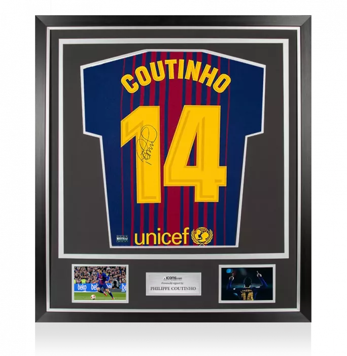 icons Philippe Coutinho Signed FC Barcelona 2017-18 Home Shirt With Fan Style Numbers In Classic Frame