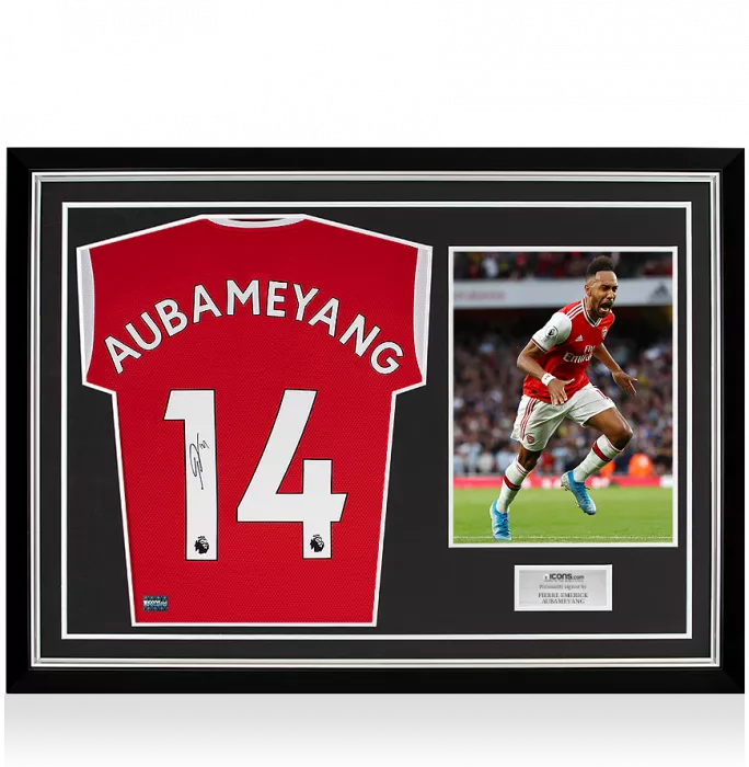 icons Pierre-Emerick Aubameyang Back Signed Arsenal 2019-20 Home Shirt In Hero Frame: Option 1
