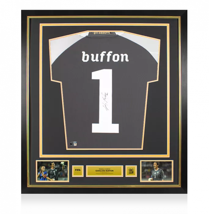 icons PLAYER ISSUE Gianluigi Buffon Official 2010 FIFA World Cup™ Back Signed and Framed Italy 2010-12 Goalkeeper Shirt