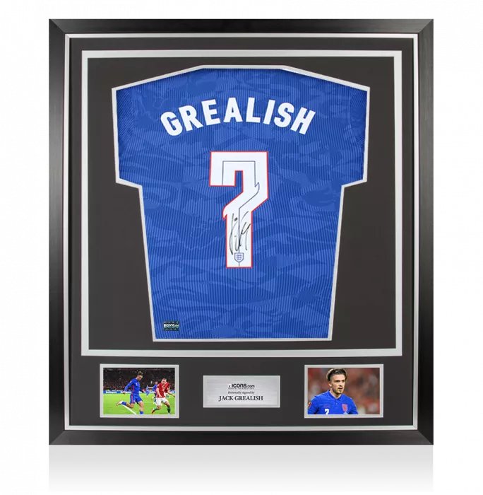 icons PLAYER ISSUE Jack Grealish Back Signed England 2020-21 Away Shirt In Classic Frame