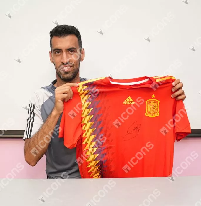 Icons PLAYER ISSUE Sergio Busquets Front Signed Spain 2018 Home Shirt In Hero Frame: Option 1