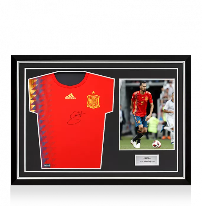 icons PLAYER ISSUE Sergio Busquets Front Signed Spain 2018 Home Shirt In Hero Frame: Option 1