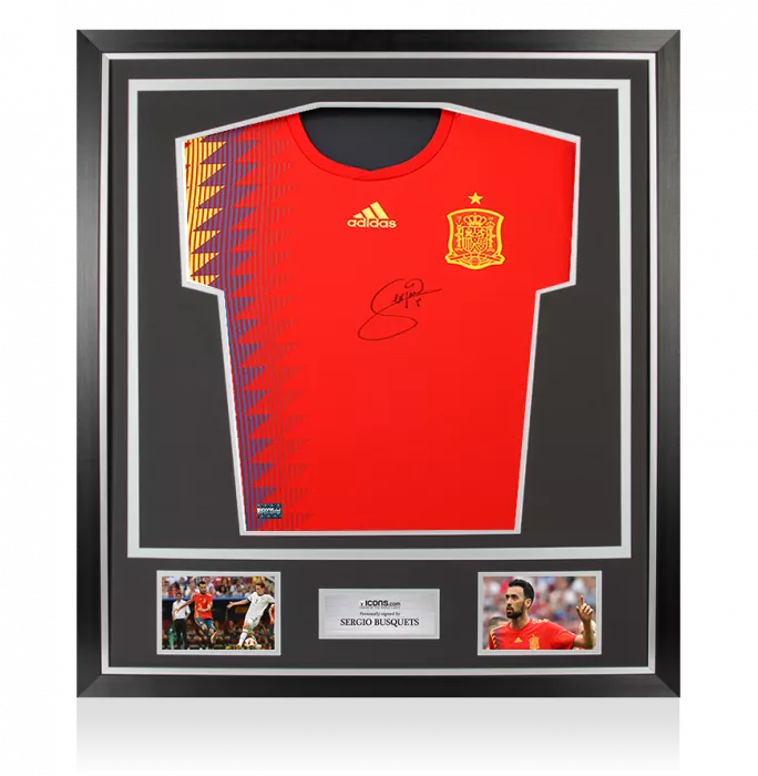 icons PLAYER ISSUE Sergio Busquets Front Signed Spain 2018 Home Shirt In Classic Frame