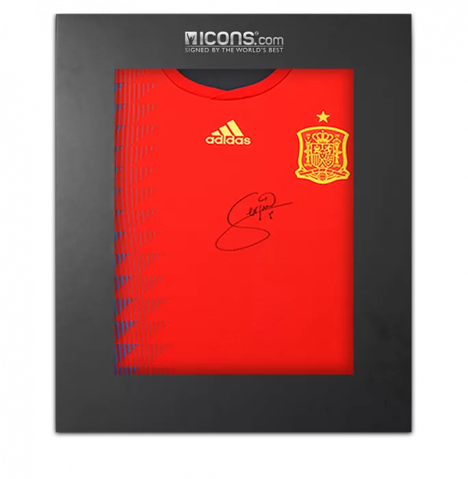 icons PLAYER ISSUE Sergio Busquets Front Signed Spain 2018 Home Shirt In Deluxe Packaging