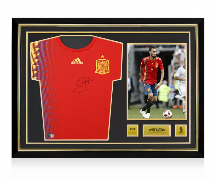 icons PLAYER ISSUE Sergio Busquets Official 2018 FIFA World Cup™ Front Signed and Hero Framed Spain 2018 Home Shirt
