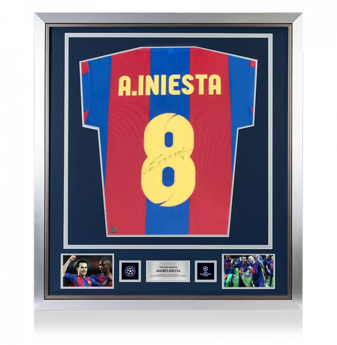 icons PRE-FRAMED Andres Iniesta Official UEFA Champions League Back Signed and Framed Retro FC Barcelona Home Shirt