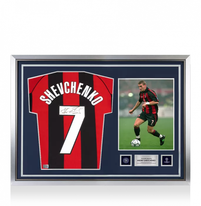 icons Pre-Framed Andriy Shevchenko Official UEFA Champions League Back Signed and Hero Framed AC Milan 1998-99 Home Shirt