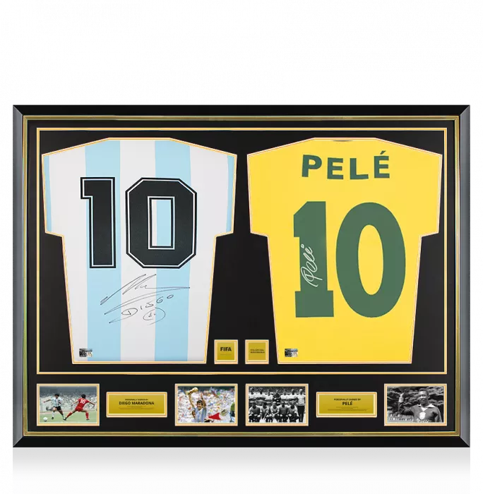 icons PRE-FRAMED Diego Maradona Argentina & Pele Brazil Official FIFA World Cup™ Signed and Dual Framed Shirts