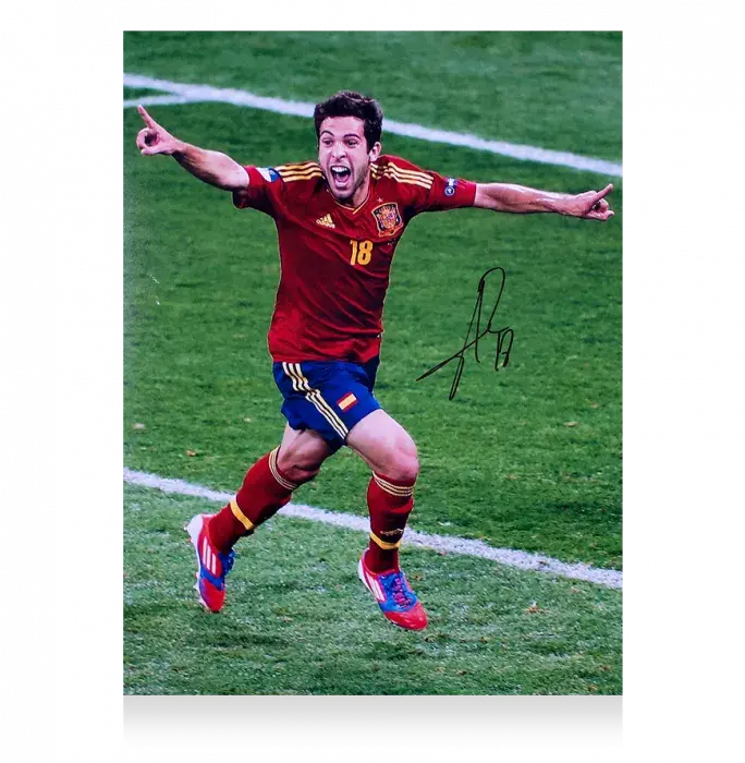 Icons PRE-FRAMED Jordi Alba Signed Spain Photo In Black Wooden Frame: UEFA EURO 2012 Final Goal