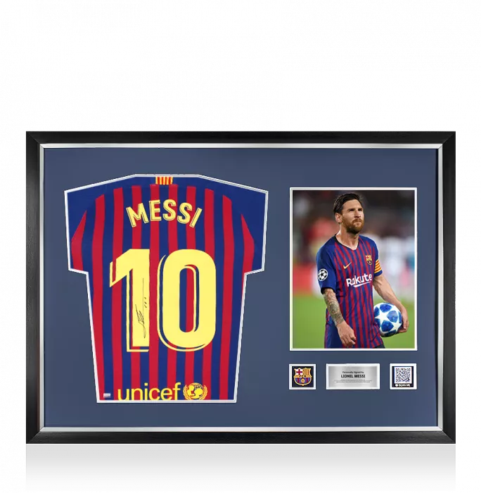 icons PRE-FRAMED Lionel Messi Official FC Barcelona Back Signed and Framed 2018-19 Home Shirt with Fan Style Numbers